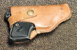 In a small leather holster